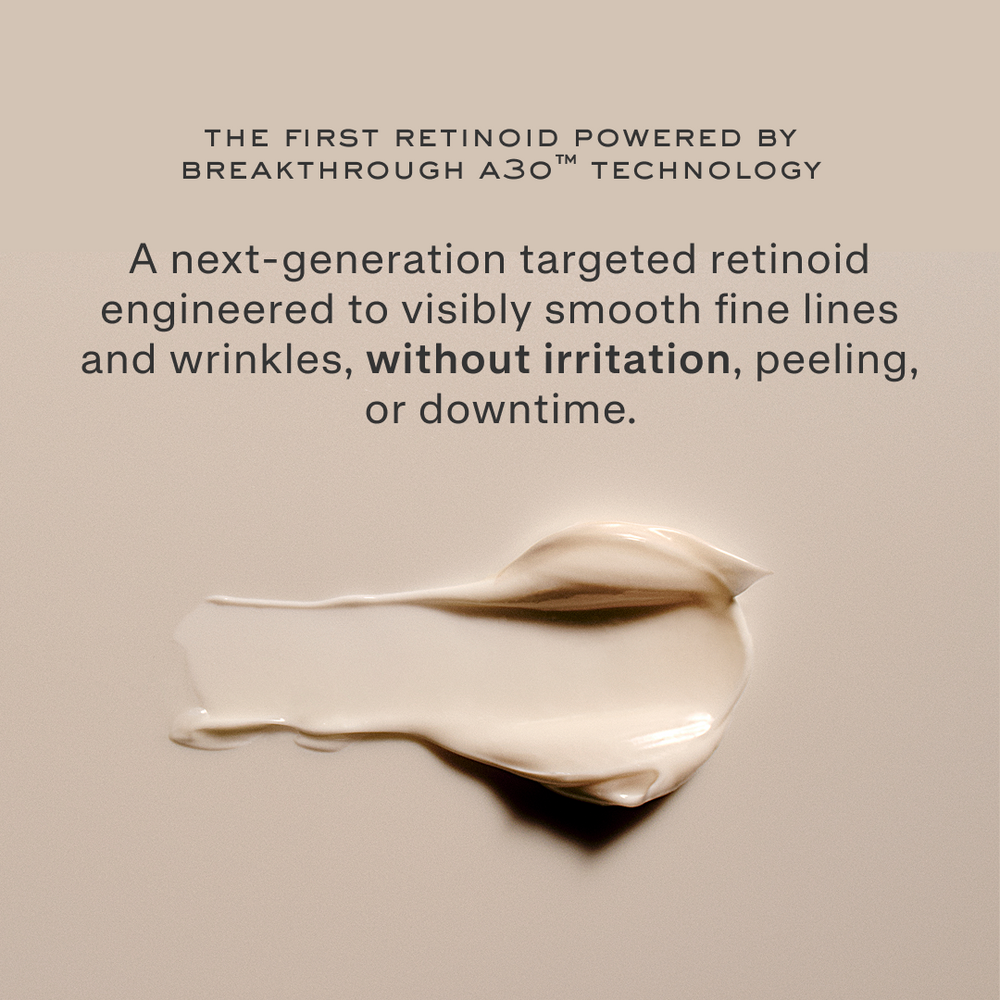 Promotional banner ‘The first retinoid powered by breakthrough A3O™ technology’ — claims to smooth fine lines with no irritation; cream smear