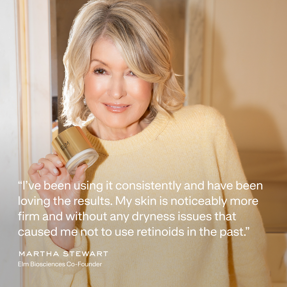 Martha Stewart smiling and holding an A3O™ Elemental Night Cream jar in a warm indoor setting; overlaid quote: “I’ve been using it consistently and have been loving the results. My skin is noticeably more firm and without any dryness issues that caused me not to use retinoids in the past.”