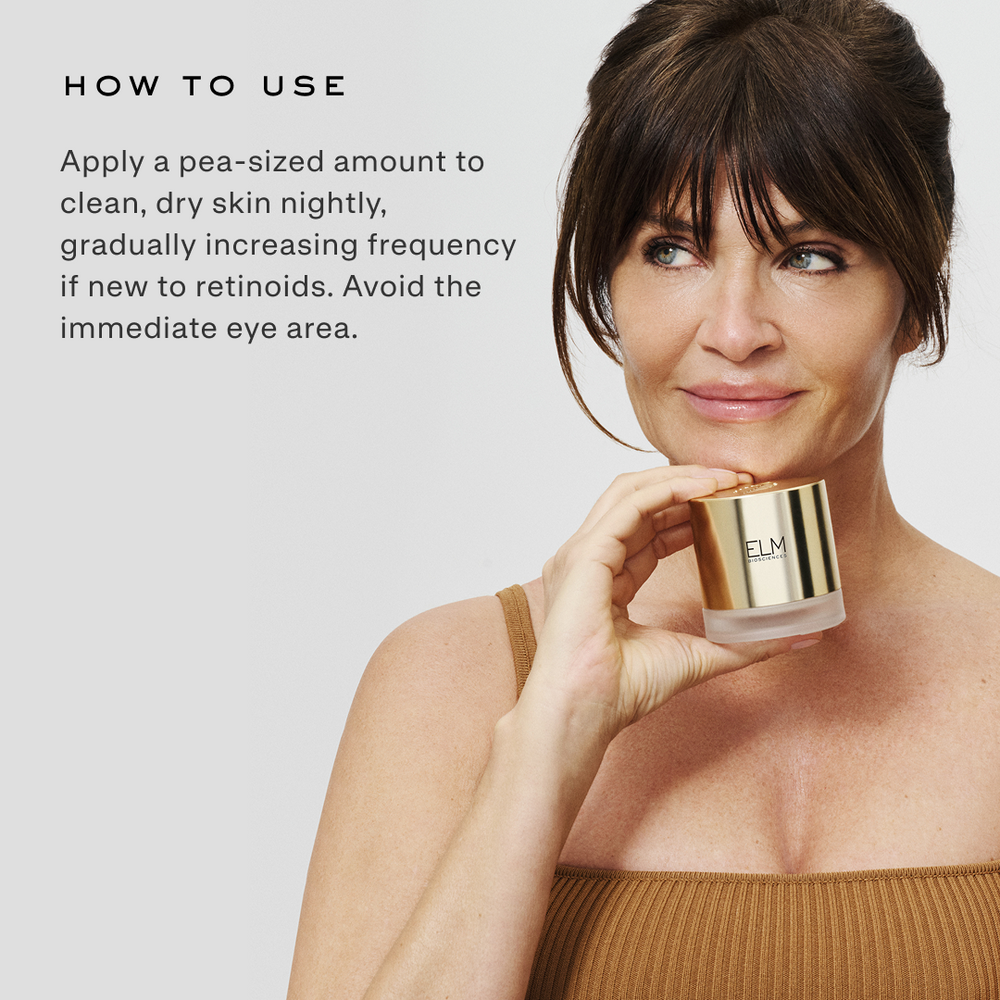 Helena Christensen holding a jar of A3O™ Elemental Night Cream with overlay text: How to use: apply pea-sized amount nightly; avoid eye area