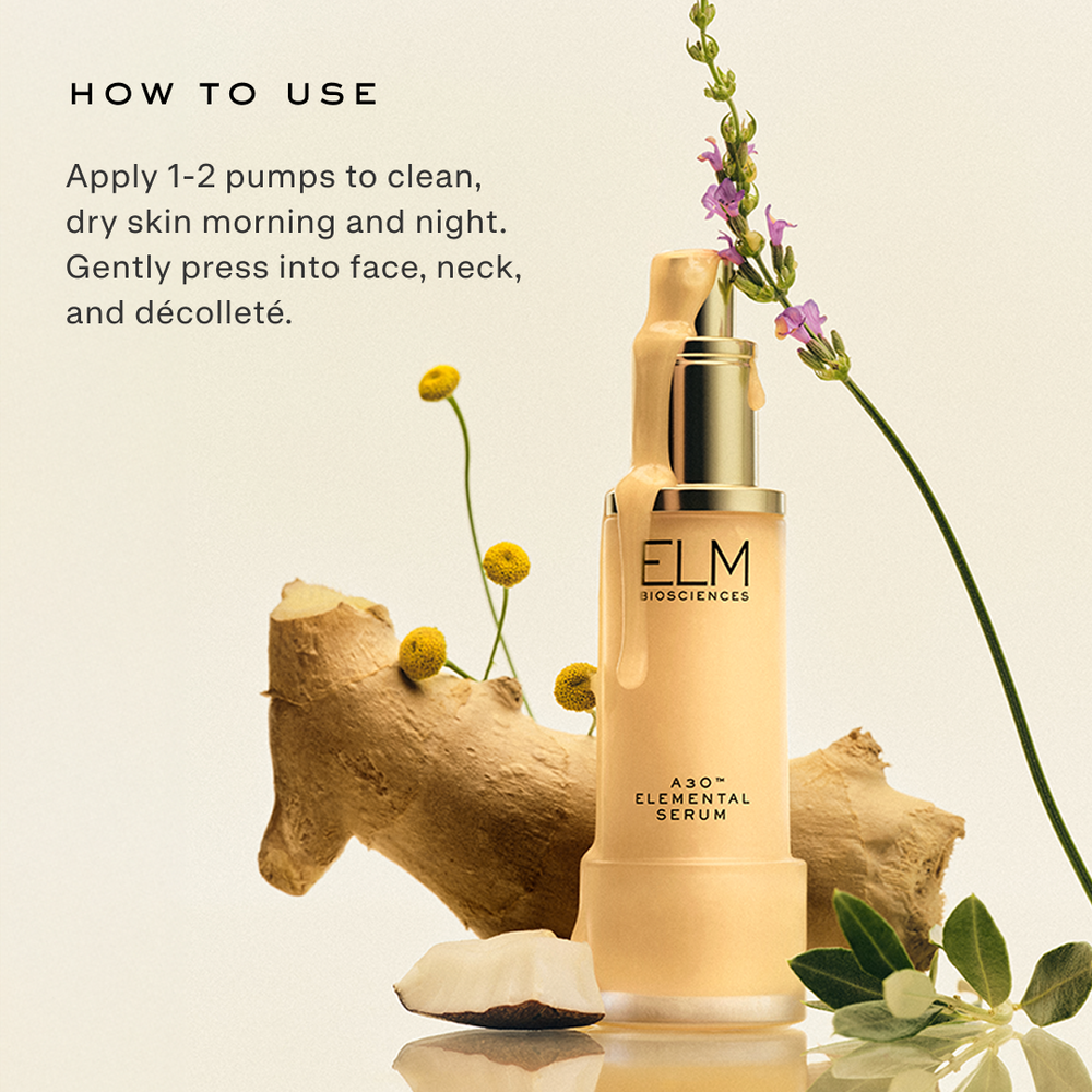 Front view of A3O™ Elemental Serum bottle with pump and dripping serum, with ginger and flowers, overlay How to use: Apply 1-2 pumps