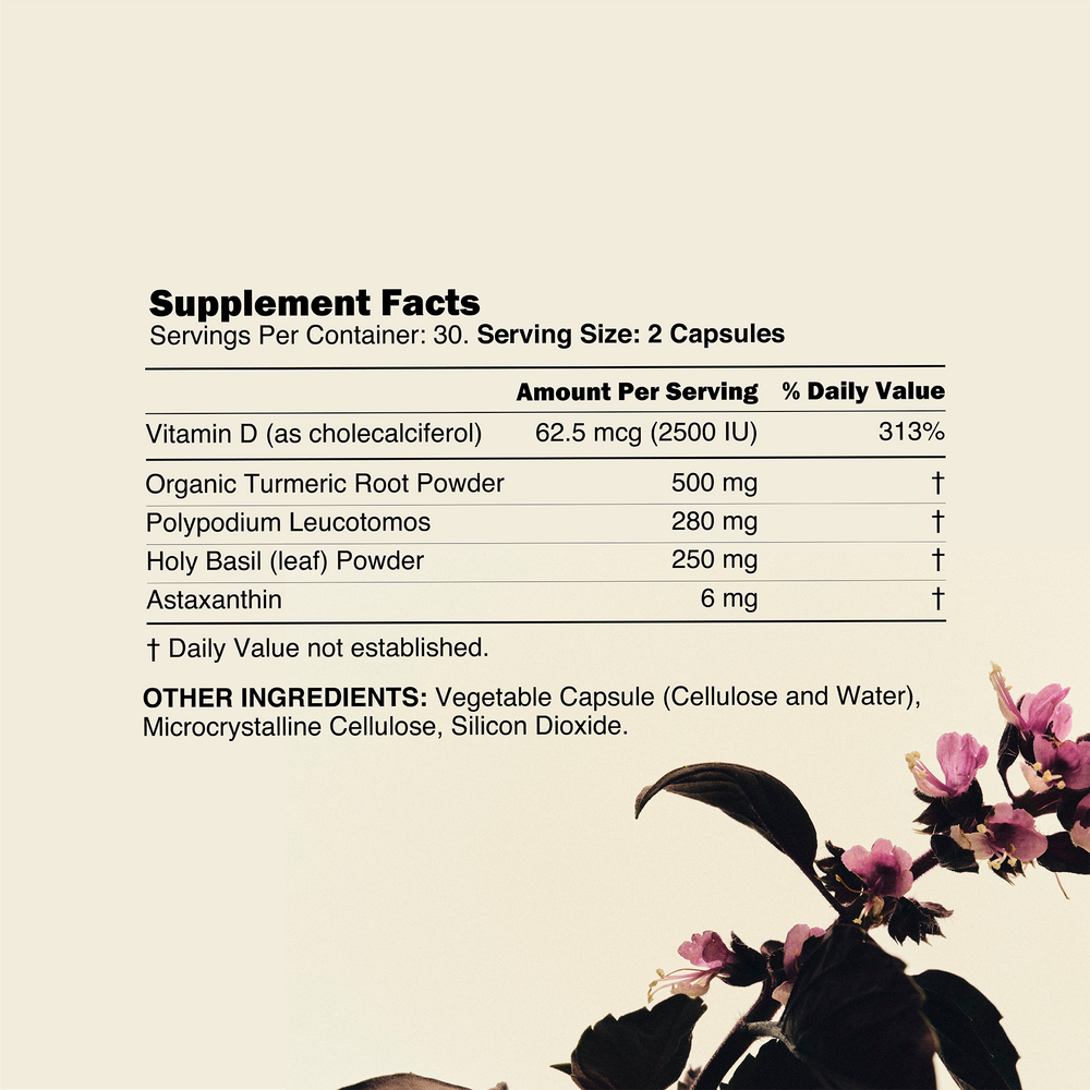 Supplement Facts label: 30 servings, serving size 2 capsules; lists Vitamin D 62.5 mcg and Turmeric 500 mg